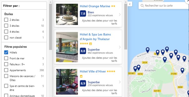 carte des hotels de booking à arcachon