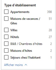 filtre de booking type d'établissements à arcachon